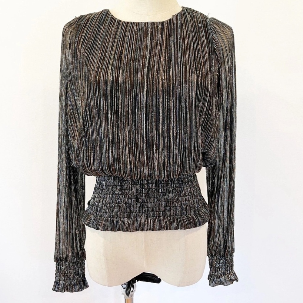 NWT Revolve x Joie Blouse Metallic Sheer Long Sleeve Smocked Open back Black XL